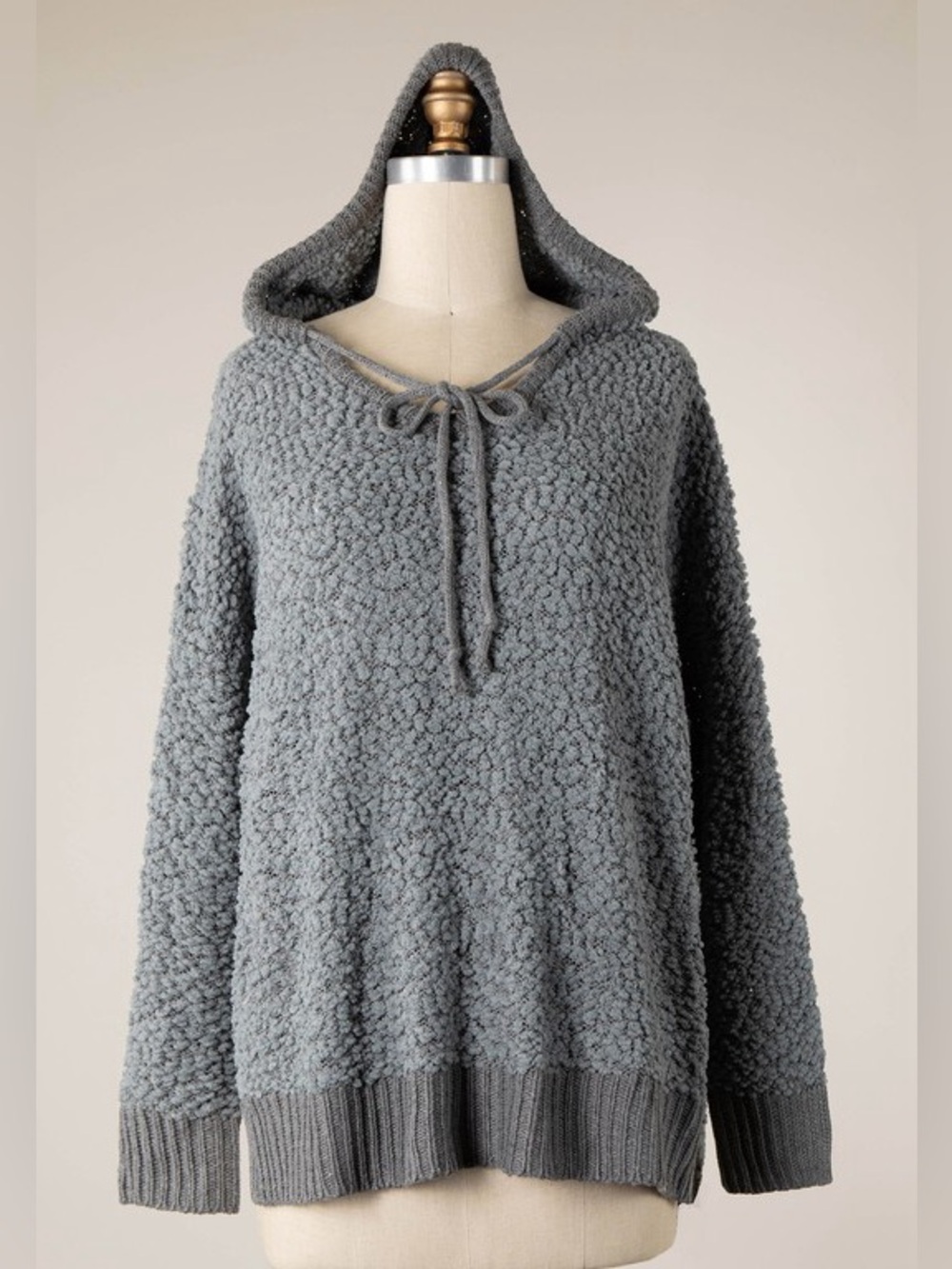 Gray popcorn fuzzy Sherpa tie knit comfrt ribbed pullover hoodie sweater